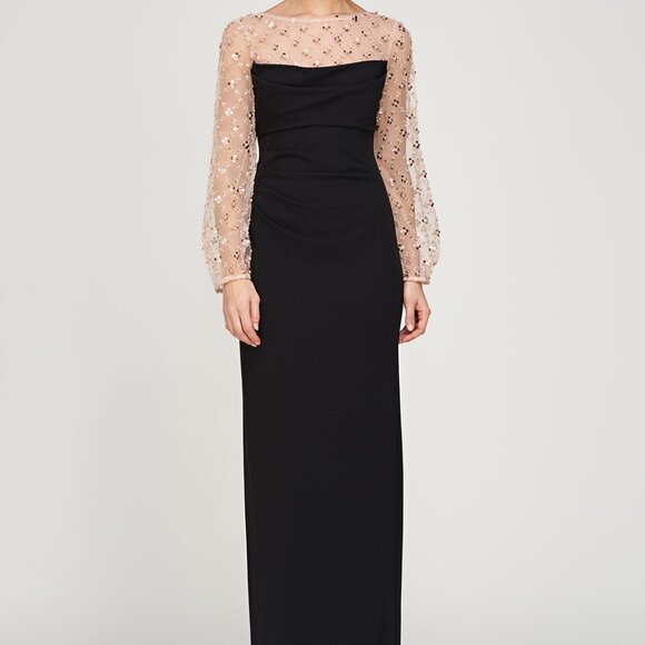 JS Collections Black Gold Risha Metallic Floral Applique Column Gown - Picture 1 of 6